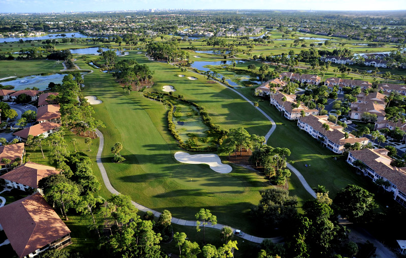 Aerial view of PGA National golf course community in Palm Beach Gardens